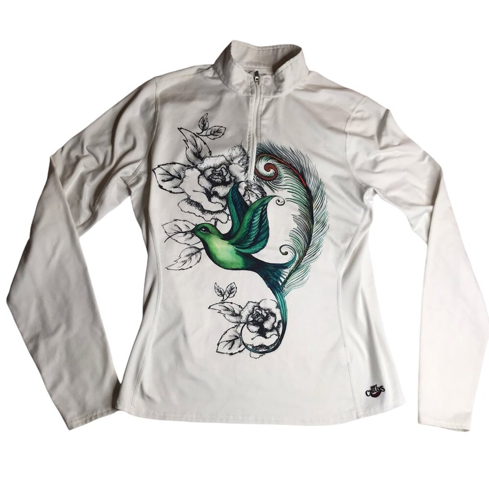 HOT CHILLYS White Half Zip Pullover White Hummingbird Bird Long Sleeve Women's L